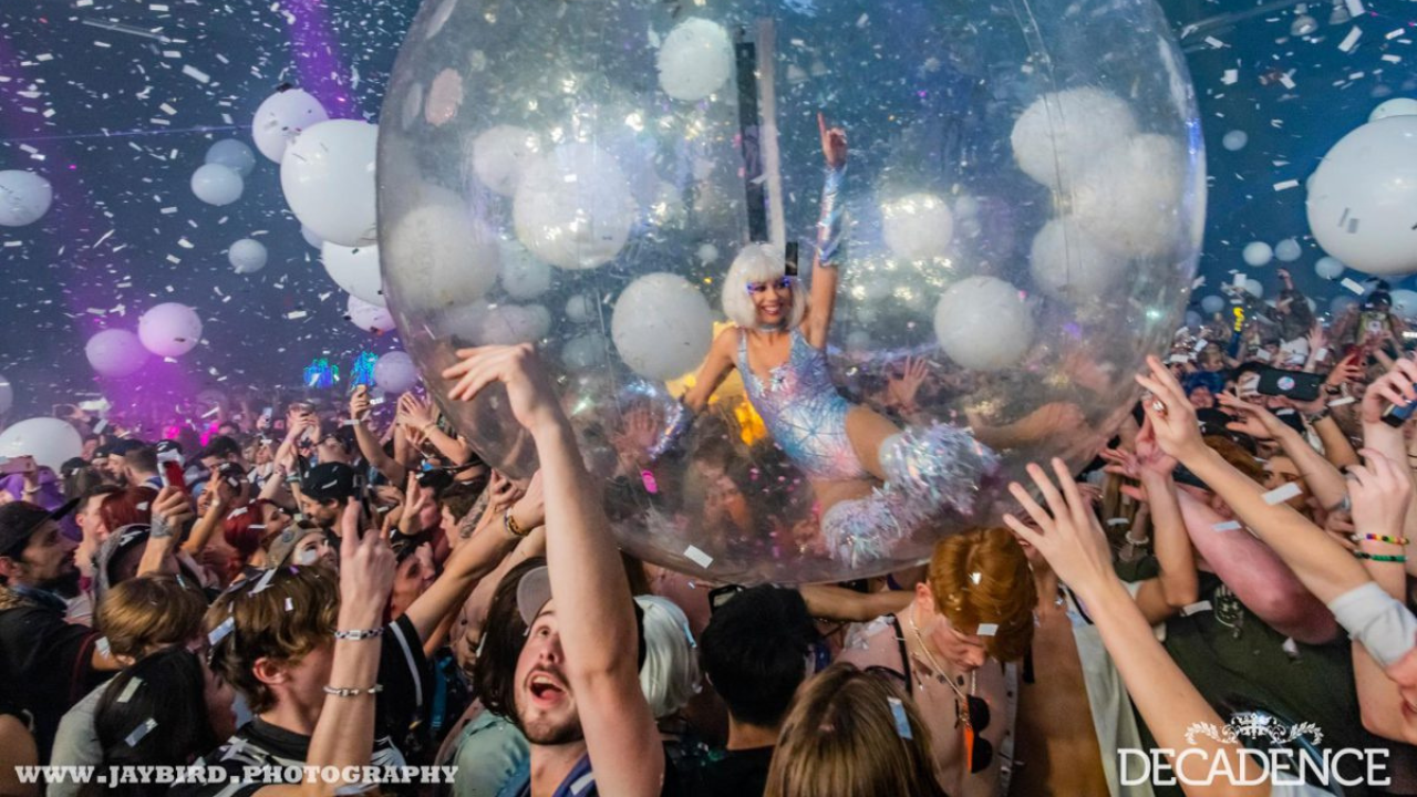 Photo of the ball drop at a previous Decadence Colorado